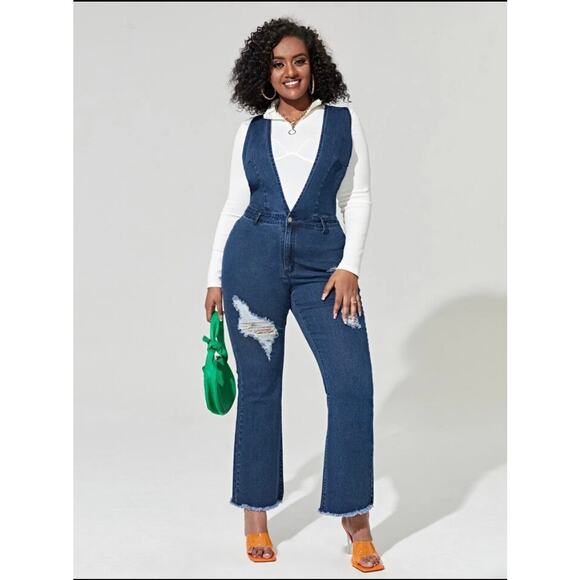 Ripped Raw Hem Denim Jumpsuit- Size 20 - Picture 1 of 5